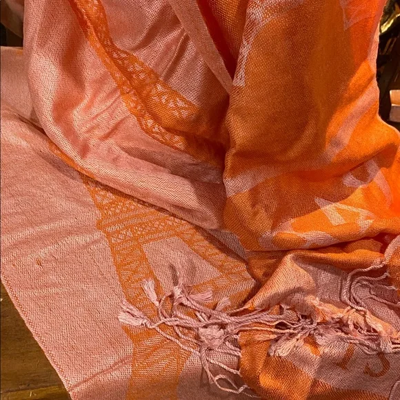 Paris Script Orange Silk Blend Scarf Wrap 80 x 27 inch NWOTs - Picture 3 of 7